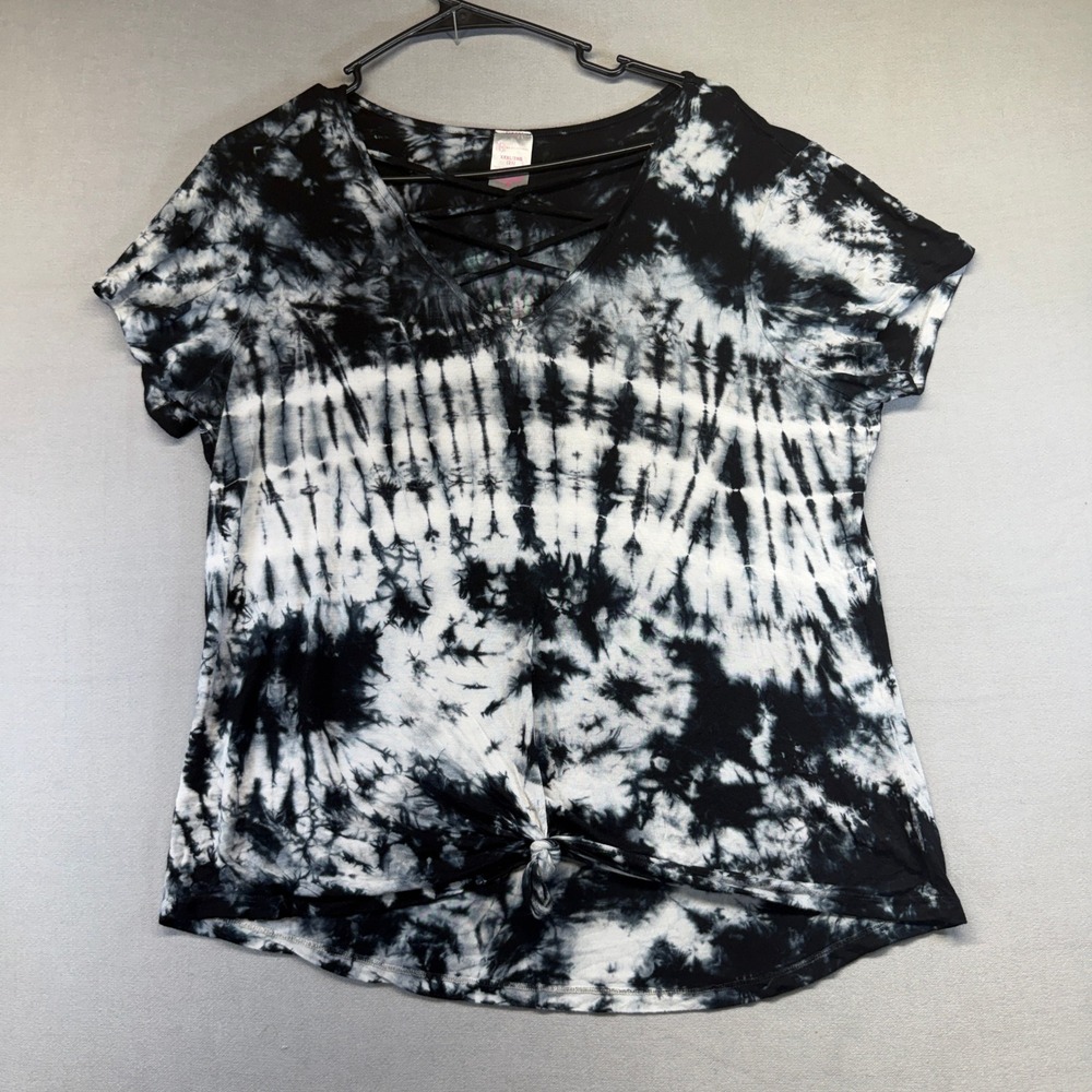 Tie Dye Top Womens XXXL Black White Lattice Front Knot Hem Shirt Boho Whimsy